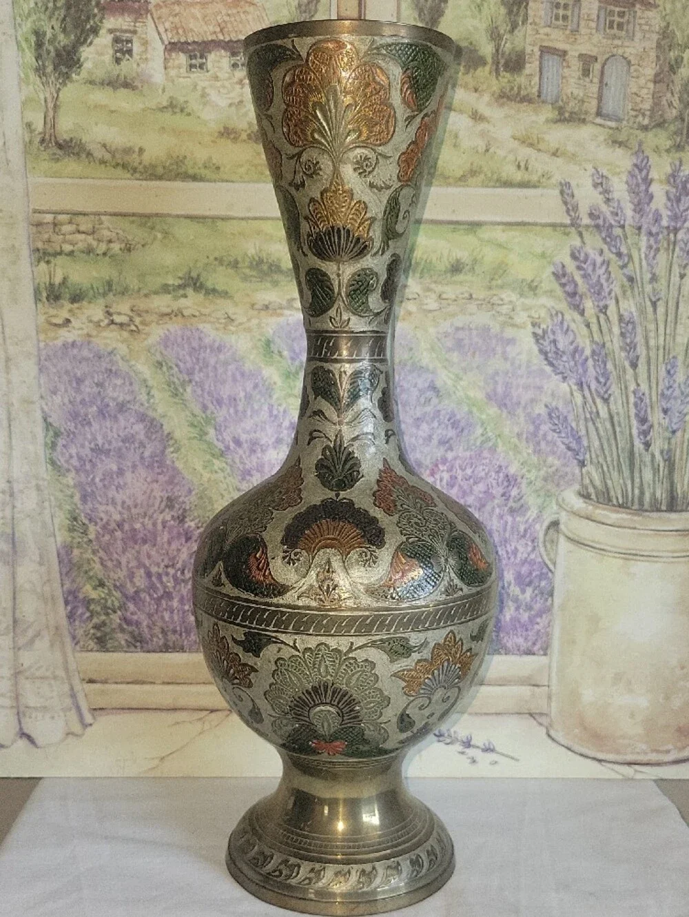 Vintage Penco Industries Brass Vase Enameled Etched Floral India Boho 1970s 14.5